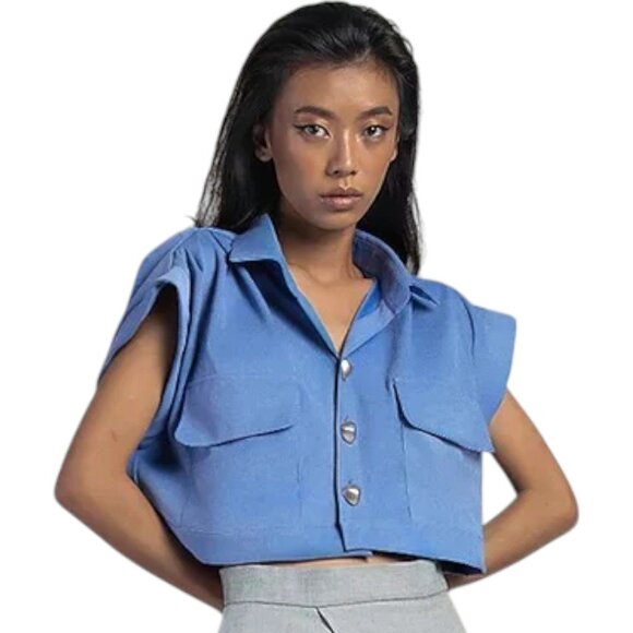 Maryallé Houdini Top Indigo Sky Blue Cotton Suede Free Size Button Crop XS-M - Picture 10 of 11